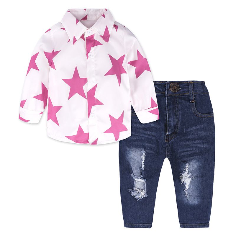 Mother&Kids Five-pointed long sleeve shirt + denim pants for girls_viptrois.com