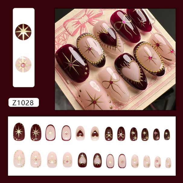 False Nails Retro Red Pink Diamond Flash Star Bow All Match Whitening Ins Style Detachable Wearable Nail 24 Pieces_viptrois.com