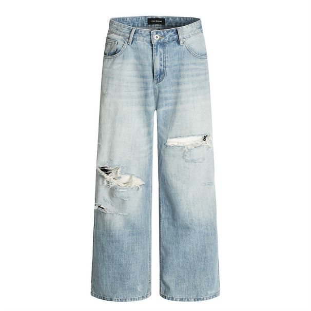 Washed Gradient Denim Straight-Leg Men's Dad Punk Street Style Distressed Casual Loose Pants_viptrois.com