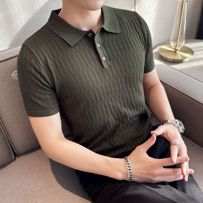 Summer Men's Ice Silk Cotton Polo Shirt Hollow out Pattern Lapel Short Sleeved Cool And Breathable T-Shirt_viptrois.com
