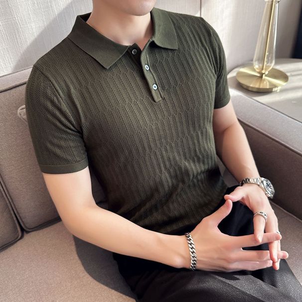 Summer Men's Ice Silk Cotton Polo Shirt Hollow out Pattern Lapel Short Sleeved Cool And Breathable T-Shirt_viptrois.com