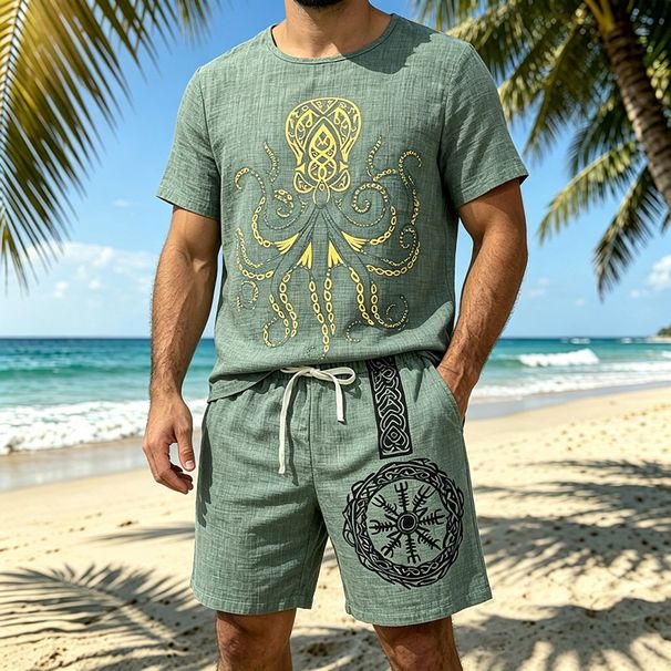 Men's Textured Short Sleeve T-Shirt And Shorts Set Casual Summer Outfit Retro-Inspired Prints_viptrois.com