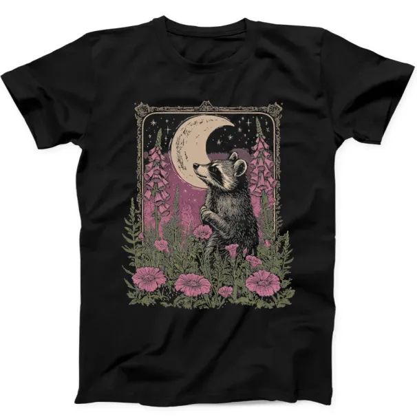 Raccoon Floral Moon Cottage Best Seller Funny Gift Black Tee T Shirt Mens Womens Tees Top 363_viptrois.com