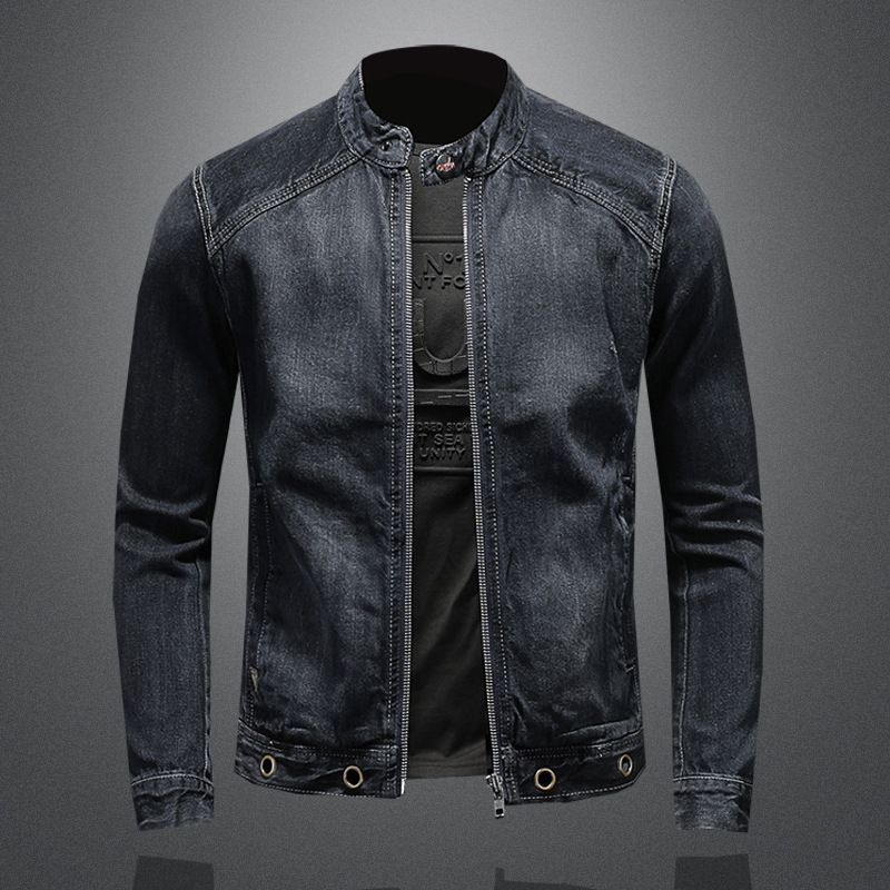Men's Clothes Men's Stand Collar Dark Blue Motorcycle Vintage Zipper Denim Jacket Jacket Trend_viptrois.com