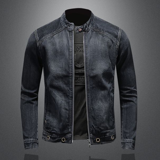 Men's Clothes Men's Stand Collar Dark Blue Motorcycle Vintage Zipper Denim Jacket Jacket Trend_viptrois.com