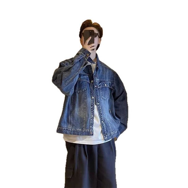 American Deconstruction Retro Blue Workwear Denim Jacket, Rugged And Handsome Short Baseball Jacket_viptrois.com