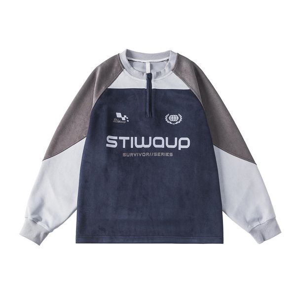 Spliced Suede Racing Suit Long Sleeve Half-Zip Sweatshirt American Casual Loose Versatile Spring Autumn Men's Top_viptrois.com