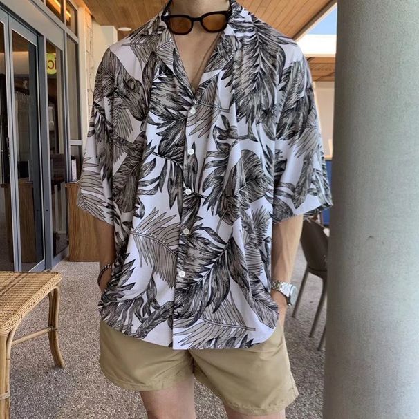 Men's Clothing Shirt Flower Men Summer Short Sleeved Beach Shirt Seaside Beach Island Clothing Palm Leaf Cuban Collar_viptrois.com