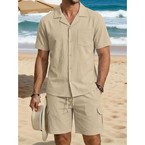 Men's Linen Cotton Short Sleeve Shirt And Shorts Set Casual Breathable Summer Outfit With Collar_viptrois.com