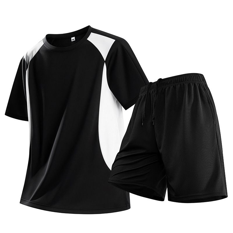 Men's Summer Ice Silk Suit Color Block Round Neck T-Shirt Quick Drying Plus Size Short Sleeve Two Piece Set_viptrois.com