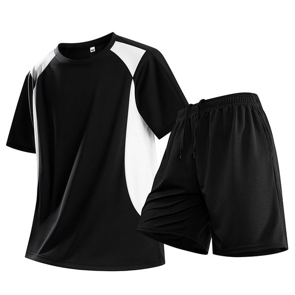 Men's Summer Ice Silk Suit Color Block Round Neck T-Shirt Quick Drying Plus Size Short Sleeve Two Piece Set_viptrois.com