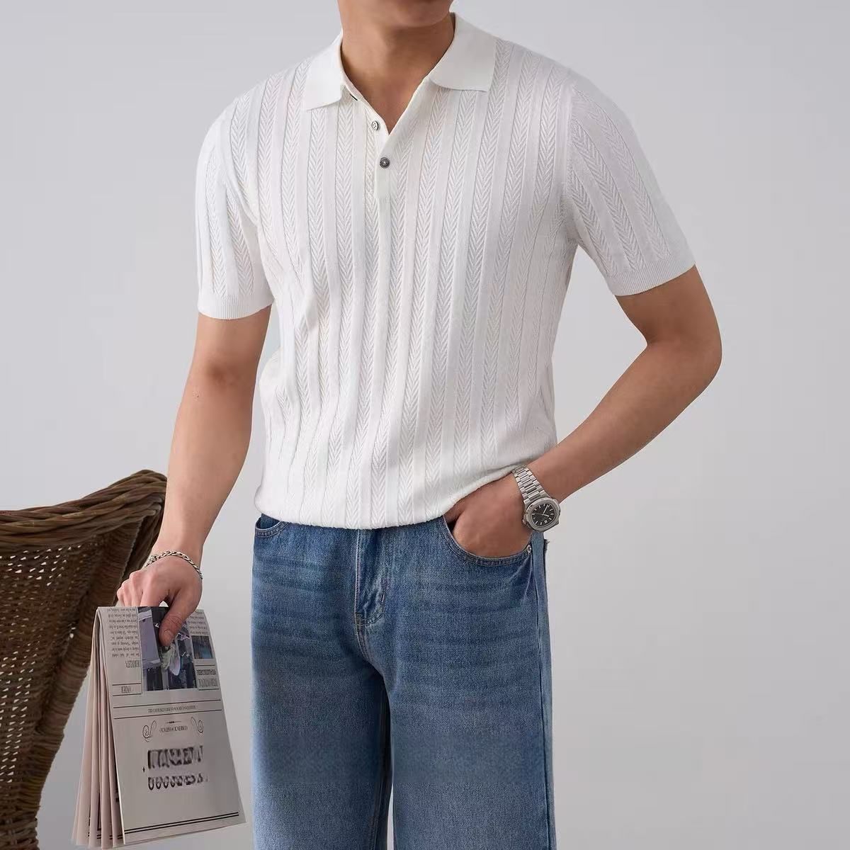 Men's Clothing Polo Shirt High End Summer Ice Silk Breathable Short Sleeved Lapel Hollow Knit Sweater Solid Color Thin Top_viptrois.com