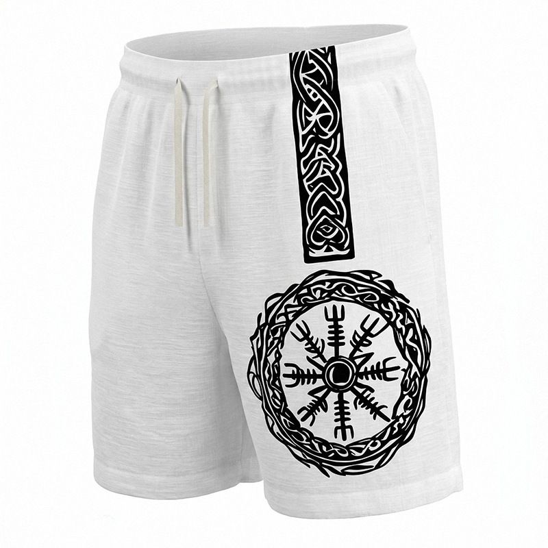 Men's Summer Bamboo Linen Shorts Viking Style Printed Casual Drawstring Straight Leg Pants Retro Fashion_viptrois.com