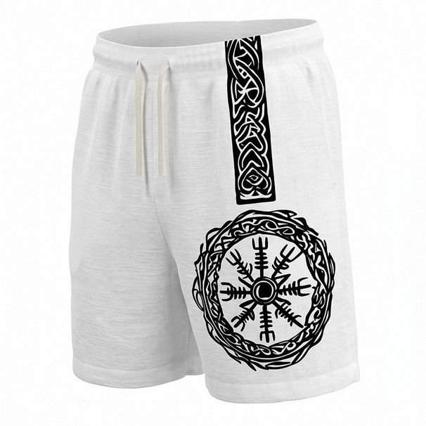 Men's Summer Bamboo Linen Shorts Viking Style Printed Casual Drawstring Straight Leg Pants Retro Fashion_viptrois.com