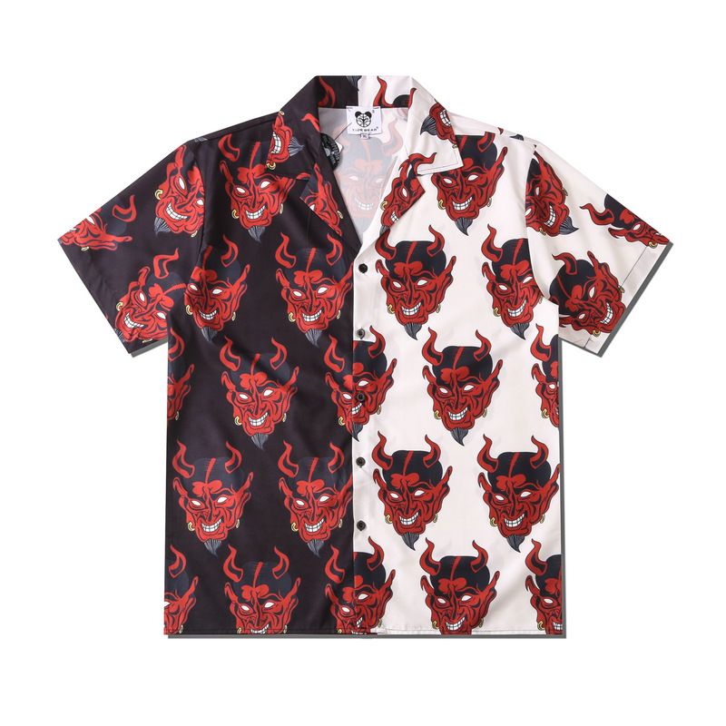 Men's Clothing A Pair Of Lapel Casual Men And Women Couple Spring And Summer Loose Color Matching Devil Digital Print Short Sleeved Trendy Brand Shirt_viptrois.com