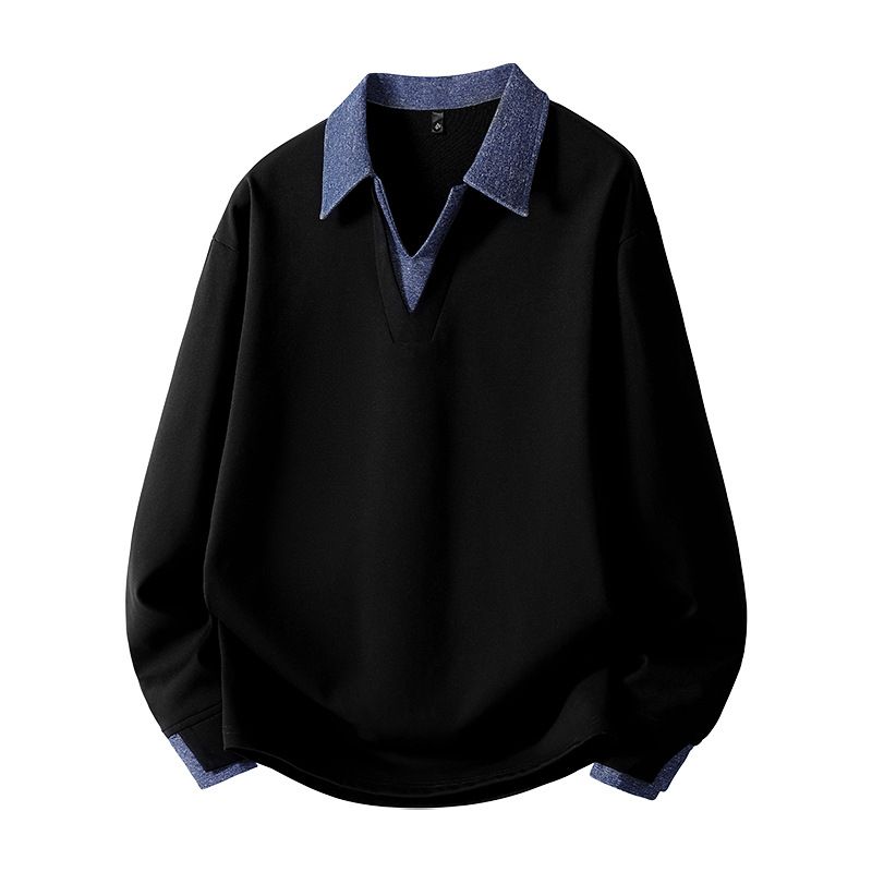 Men's Oversized Color-Block Polo Collar Sweatshirt – Casual Long Sleeve Pullover (M-8XL)_viptrois.com