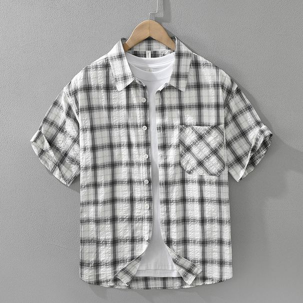 Retro Checkered Short Sleeved Shirt For Men, Fashionable And Versatile, Artistic And Casual Loose Top_viptrois.com
