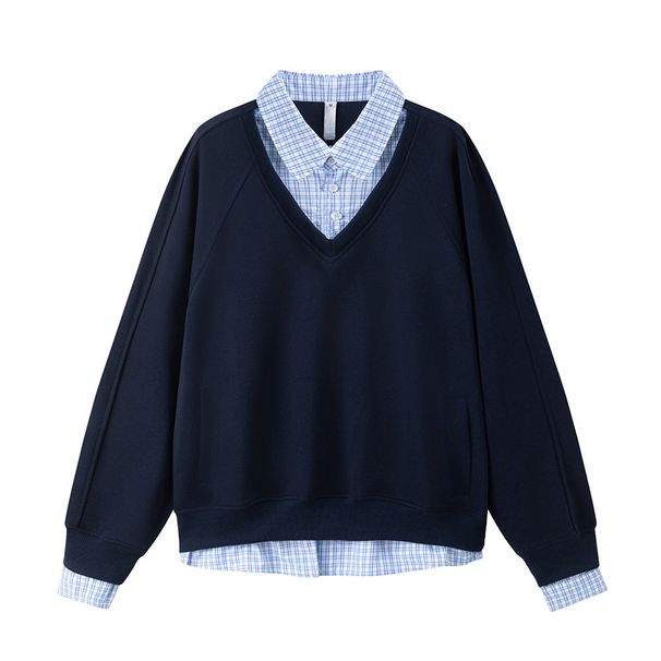 Two-Piece Color Block Plaid V-Neck Sweatshirt Niche Design Spring And Autumn Trendy Men's Turn-Down Collar Pullover_viptrois.com