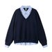 Two-Piece Color Block Plaid V-Neck Sweatshirt Niche Design Spring And Autumn Trendy Men's Turn-Down Collar Pullover_viptrois.com
