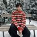 Mohair Striped Contrasting Round Neck Sweater Knitted Sweater Christmas Coat_viptrois.com