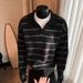 Men's Sweater With Black And White Stripes, Polo Collar, Knitted Sweater, Loose V-neck Top, Autumn And Winter_viptrois.com