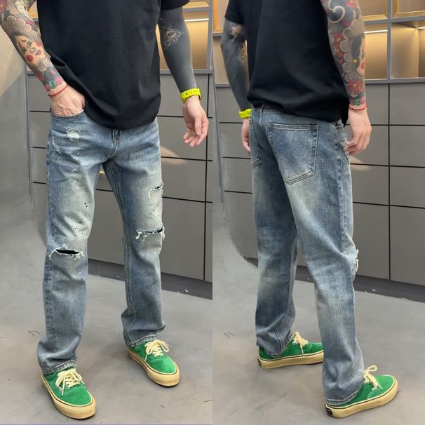 Men's Clothing Men's Straight Leg Jeans Distressed Splatter Painted Design Style Fashionable Casual Trousers Spring Trend_viptrois.com