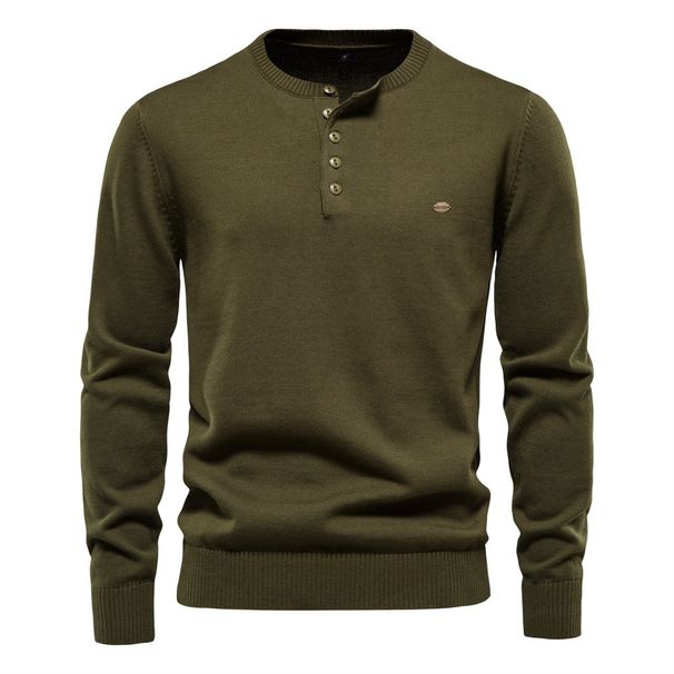 Pure European Size Cross-Border Trade Autumn Winter Solid Color Henley Collar Pullor Knitted Sweater Men's Casual Long_viptrois.com