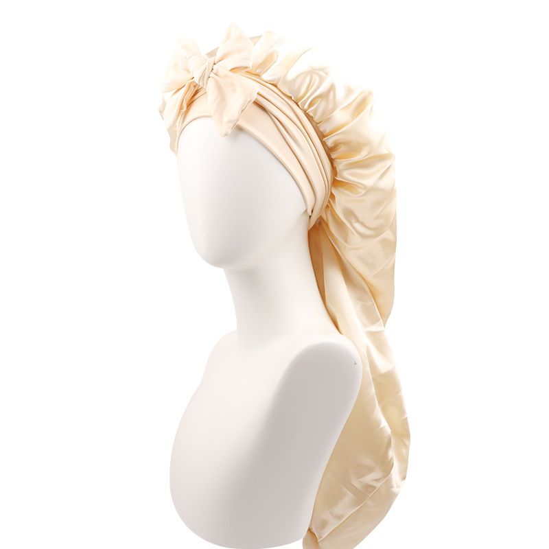 Hijab & Turban Double Layer Satin Long Tube Bow Nightcap For Women With Elastic Ribbon Silk Extended Hair Care Cap Double Sided Wear_viptrois.com