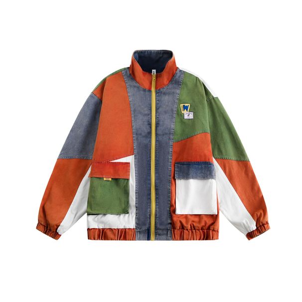 2024 New American Retro Trendy Brand Patchwork Denim Unisex Stand Collar Windbreaker Functional Style Couple Jacket_viptrois.com