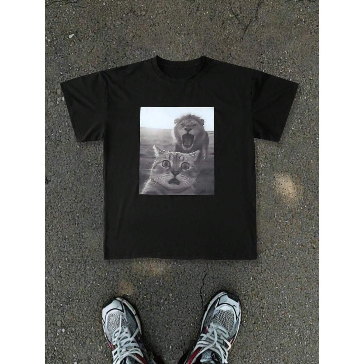 Camiseta Manga Corta Con Estampado Gato Hombres Manfinity ZONE917, Casual Para Exteriores, Camiseta Divertida Gato,_viptrois.com