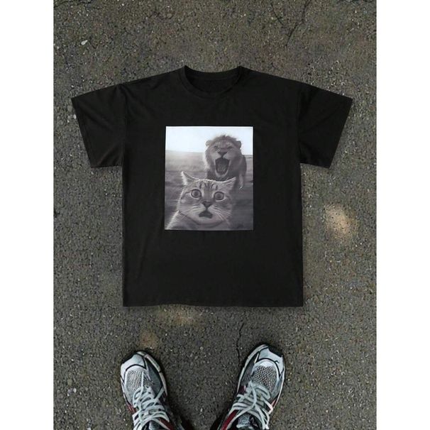 Camiseta Manga Corta Con Estampado Gato Hombres Manfinity ZONE917, Casual Para Exteriores, Camiseta Divertida Gato,_viptrois.com