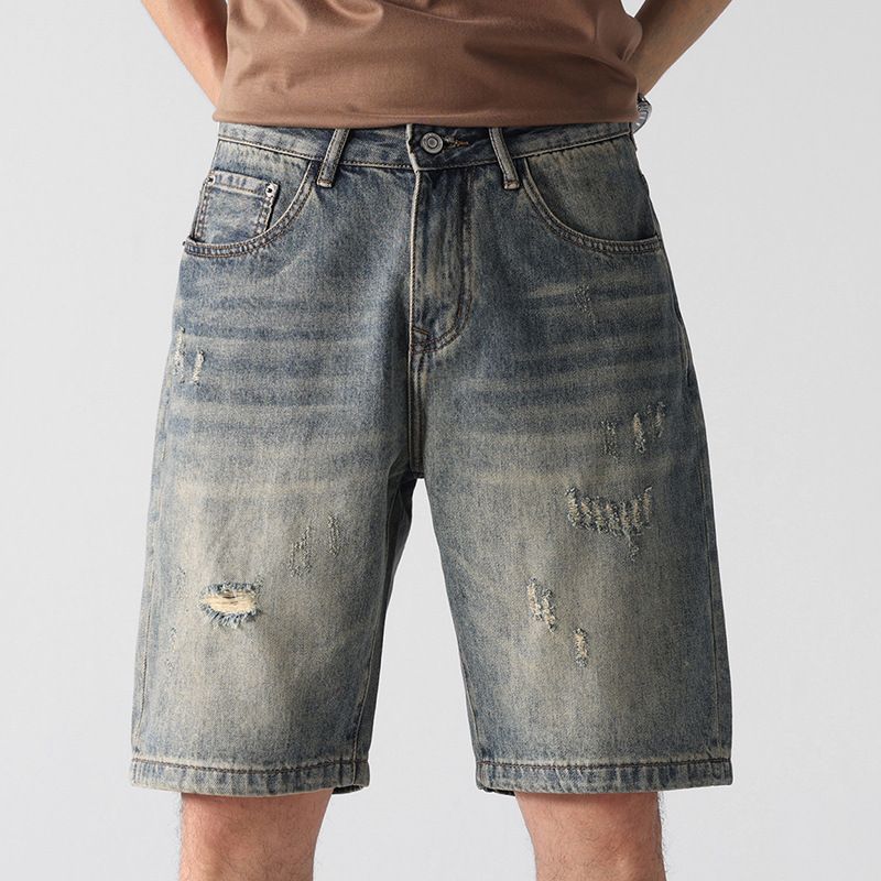 Men's Clothing Fashion Brand Ripped Denim Shorts Men's Cool Mid Length Pants 2023 New Casual Men's Pants Trendy Loose Shorts_viptrois.com