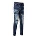 Men's Clothing Washed Old Cat Whisker Patch Hole Elastic Slim Fit Skinny Pants Ink Splash Jeans_viptrois.com