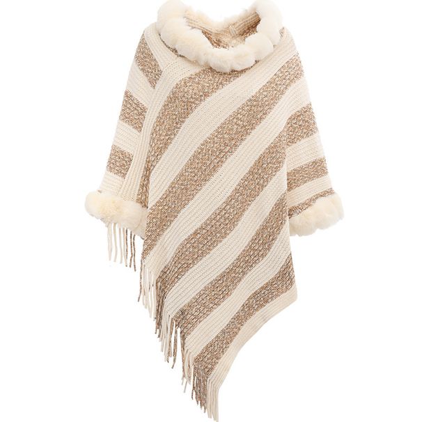 Women's Shawls Imitation Rex Rabbit Fur Collar Knitted Pullover Cape Women's Chenille Warm Striped Shawl Sweater_viptrois.com