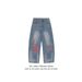 Men's Clothing Heavy Craft Embroidery Retro Red Checkered Patch Stitching Distressed Washed Black Wide Leg Jeans Drape Mopping Pants_viptrois.com