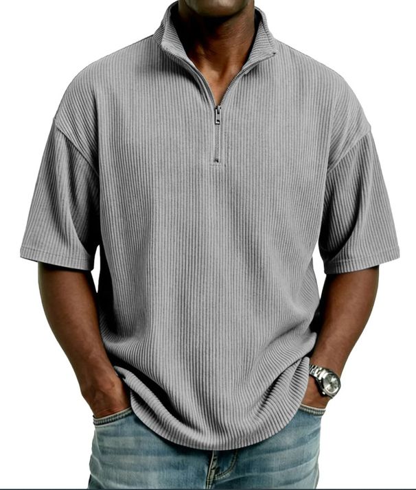 Men's Half-Zip Waffle Knit Polo Shirt - Breathable Short Sleeve T-Shirt, Loose Fit Casual Top, Solid Color Streetwear For All Seasons_viptrois.com