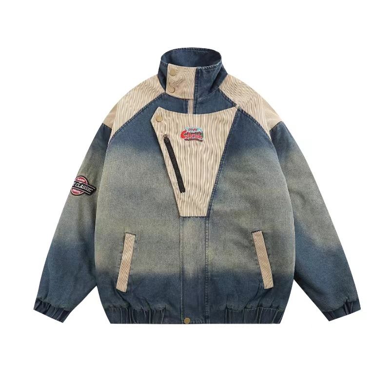 Men's Clothing retro denim stitching embroidery stand collar jacket cotton coat men and women autumn and winter new couple quilted jacket_viptrois.com