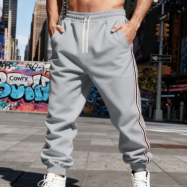 Pure Cross-Border European American Autumn And Winter Thickened Fleece Vertical Stripe Sweatpants Versatile Casual Sports_viptrois.com