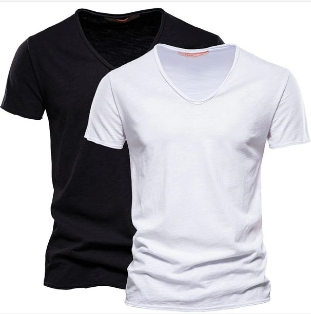 Man's Clothing 2 Pieces Summer Men's Solid Color Bamboo Slotted Cotton V-neck Short-sleeved T-shirt Pure Cotton Men_viptrois.com