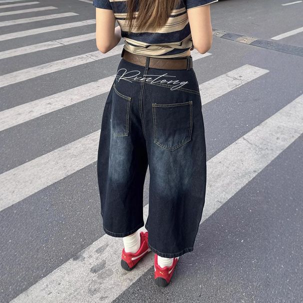 Men’s Clothing Large SizeRetro High Street Scimitar Seven Point Jeans New High Waist Embroidery Print Straight Casual Wide Leg Pants_viptrois.com