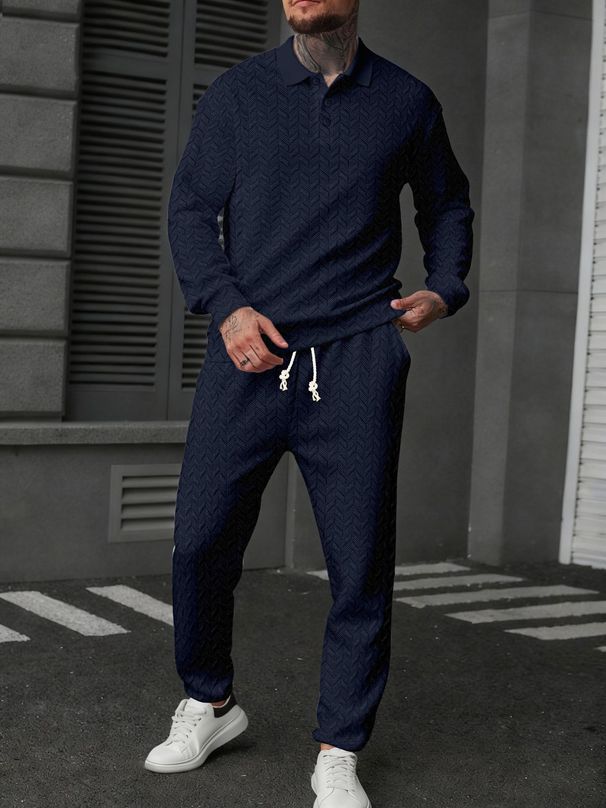 Men's Wheat-Stripe Polo & Pants Set – Long Sleeve Athletic Outfit For Casual & Sporty Looks_viptrois.com