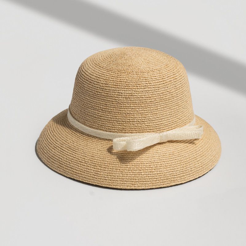 Hepburn Style Natural Raffia Bow Straw Hat For Women For Summer Travel Sun Protection Bucket Hat Bowler Hat_viptrois.com