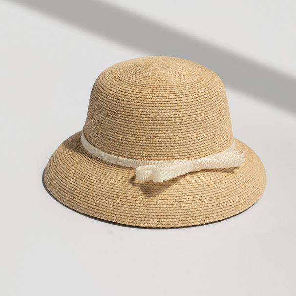 Hepburn Style Natural Raffia Bow Straw Hat For Women For Summer Travel Sun Protection Bucket Hat Bowler Hat_viptrois.com
