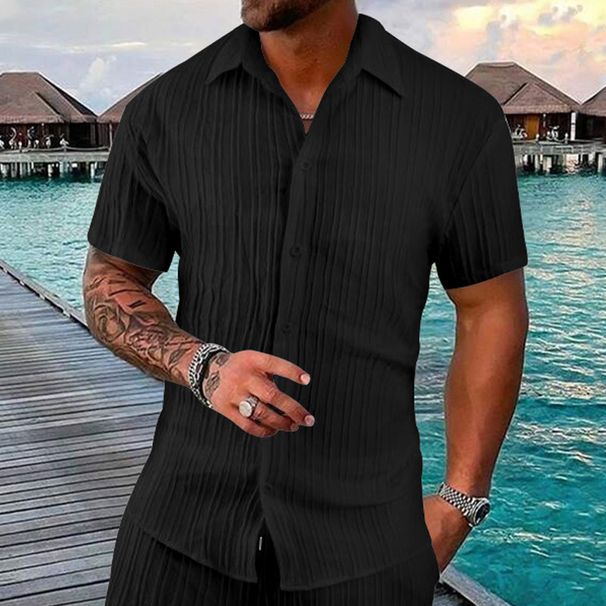 Men's Lapel Solid Color Short Sleeve Button Down Shirt Casual Loose Short Sleeve Cardigan Beach T-shirt_viptrois.com