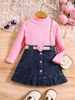 Baby Clothing Children's Clothes Girls Solid Color Vest Long Sleeve Shirt Denim Open Bag Pleats Skirt Suit_viptrois.com