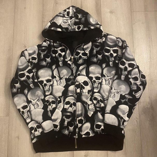 Y2K Skull 3D Print Zipper Hoodie European And American Style Personalized Streetwear for Spooky Parties Men's Fashion_viptrois.com