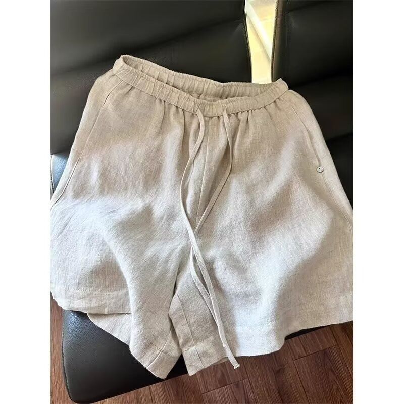 off White Linen Casual Shorts for Men Summer Thin Loose Straight Leg Mid-Length Old Fashioned Style Sporty Versatile Five Point_viptrois.com