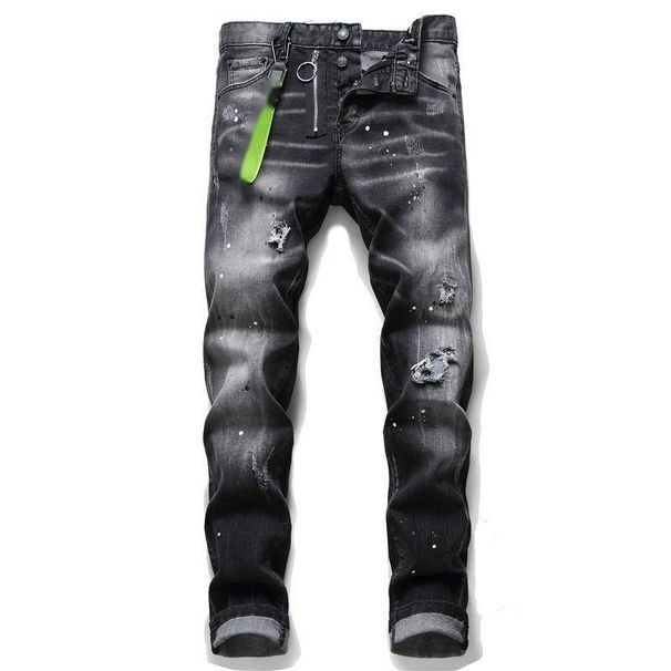 European American Tattered And Repainted Men's Slim Fit Ripped Patch Fabric Elastic D2 Jeans Tight Beggar Pants_viptrois.com