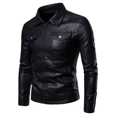 Men's Slim-Fit PU Leather Jacket – Stylish Biker Coat With Stand Collar, Zippered Front Multiple Pockets, Trendy Short-Length Outerwear For Casual_viptrois.com