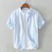 Men's Clothing Solid Color Linen Shirt Men's Short Sleeved Slim Fit Top Summer Thin Lapel Youth Cotton And Linen Casual White Shirt_viptrois.com